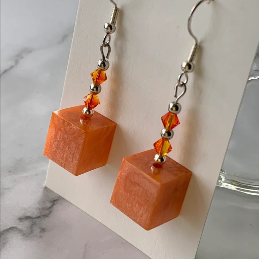 Shimmery orange cube drop earrings